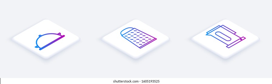 Set Isometric line Covered with a tray of food, Grater and Kettle with handle. White square button. Vector