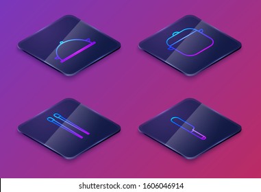 Set Isometric line Covered with a tray of food, Food chopsticks, Cooking pot and Knife. Blue square button. Vector