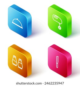 Set Isometric line Covered with tray, Electric mixer, Salt and pepper and Bread knife icon. Vector