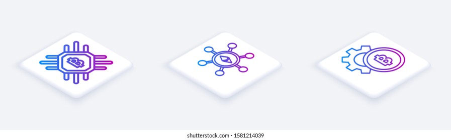 Set Isometric line CPU mining farm, Blockchain technology Ethereum ETH and Cryptocurrency coin Bitcoin. White square button. Vector
