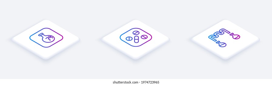 Set Isometric line Cracked flask, Medicine pill or tablet and Test tube and. White square button. Vector