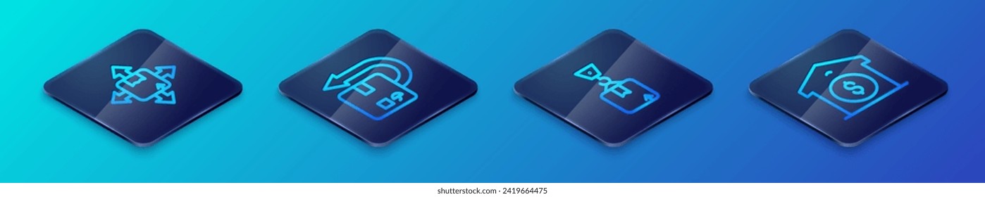 Set Isometric line Crane with cardboard box, Carton, Warehouse price and Return icon. Vector