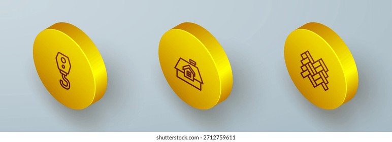 Conjunto de línea isométrica Gancho de grúa, Casa y parquet icono. Vector