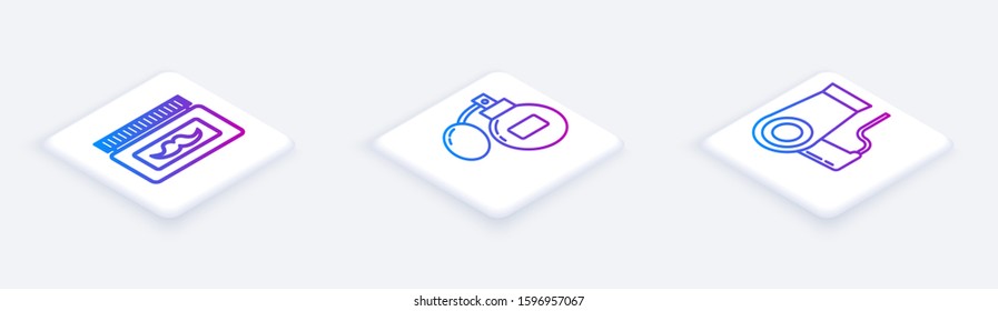 Set Isometric line Cream or lotion cosmetic jar, Aftershave and Hair dryer. White square button. Vector
