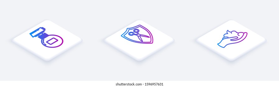 Set Isometric line Cream or lotion cosmetic tube, Scissors hairdresser and shield and Shaving gel foam on hand. White square button. Vector