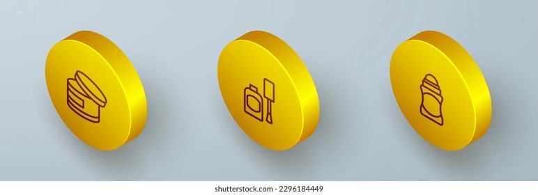 Fijar línea isométrica Tubo cosmético de crema o loción, Botella de esmalte de uñas e icono de rollo de desodorante. Vector