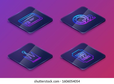 Set Isometric line Credit card, Crown, Casino chips and Slot machine with lucky sevens jackpot. Blue square button. Vector