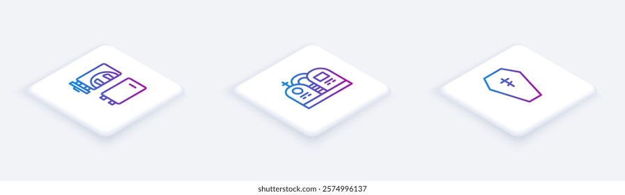 Set Isometric line Crematorium, Grave with tombstone and Coffin cross. White square button. Vector