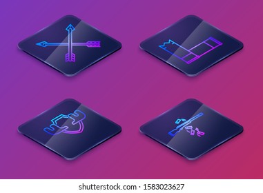 Set Isometric line Crossed arrows, Moose horns on shield, Cartridges and Gun shooting. Blue square button. Vector