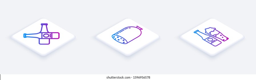 Set Isometric line Crossed beer bottle, Salami sausage and Beer bottle and glass. White square button. Vector