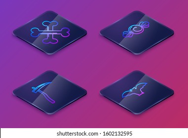 Set Isometric line Crossed bones , Scythe , Candy  and Flying bat . Blue square button. Vector