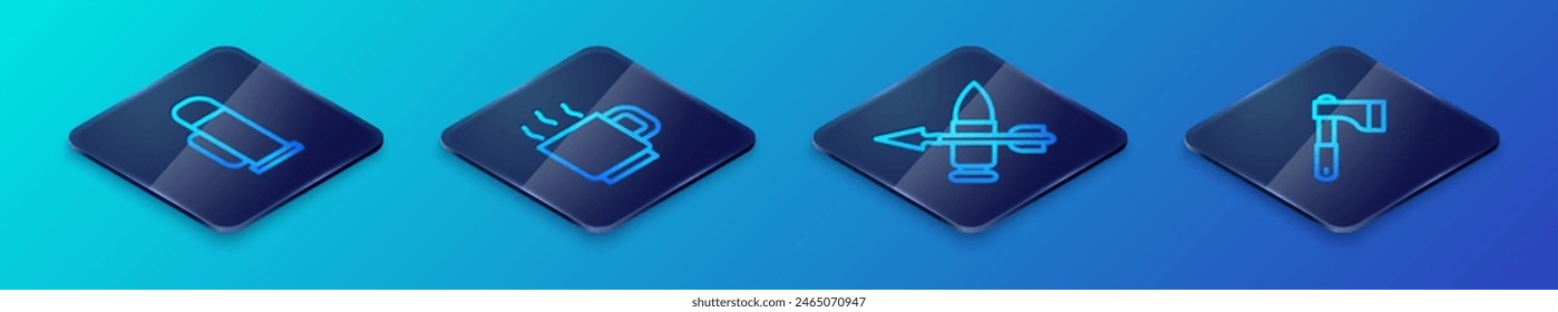 Set Isometrische Linie Kreuz Geschoss mit Pfeil, Thermosbehälter, Holzaxt und Kaffeetasse Symbol. Vektorgrafik