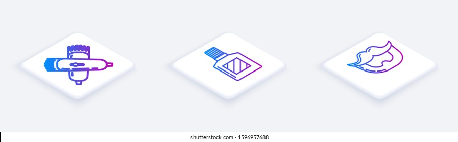 Set Isometric line Crossed electrical hair clipper or shaver, Aftershave and Mustache and beard. White square button. Vector
