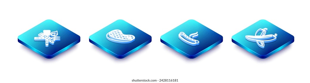Set Isometric line Crossed fork and spatula, Steak meat, Hotdog sandwich and hot chili pepper pod icon. Vector