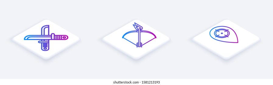 Set Isometric line Crossed hunter knife, Bow and fire arrow and Hunt place. White square button. Vector