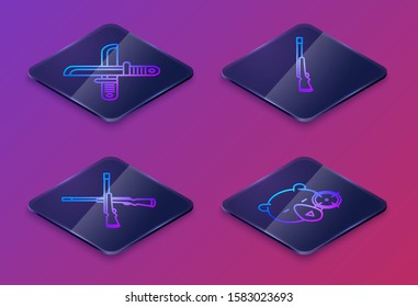 Set Isometric line Crossed hunter knife, Two crossed shotguns, Hunting gun and Hunt on bear with crosshairs. Blue square button. Vector
