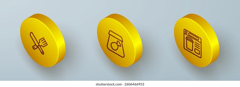 Set Isometric line Crossed knife and fork, Online ordering meal and food icon. Vector