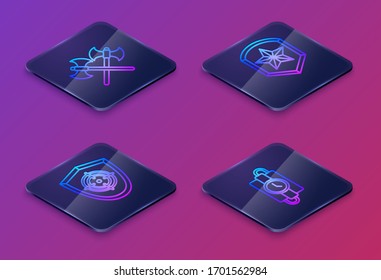 Línea isométrica Cruza ejes medievales, Deporte objetivo, placa de la policía y palo dinamita y reloj de temporizador. Botón cuadrado azul. Vector