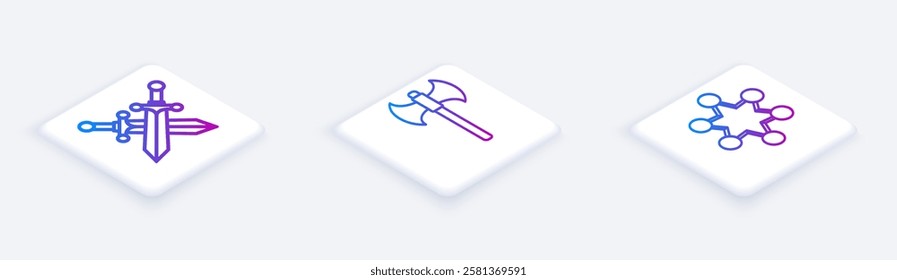 Set Isometric line Crossed medieval sword, Medieval axe and Police badge. White square button. Vector