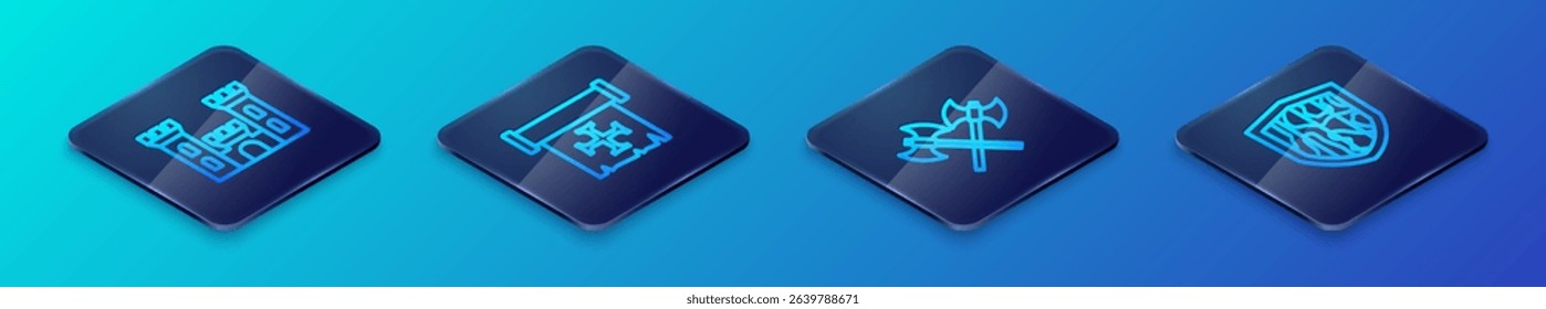 Set Isometric line Crossed medieval axes, Castle, Shield and Crusade icon. Vector
