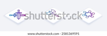 Set Isometric line Crossed medieval sword, Medieval axe and Police badge. White square button. Vector