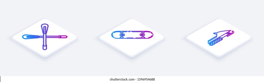 Set Isometric line Crossed paddle, Skateboard trick and Snowmobile. White square button. Vector