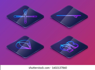 Set Isometric line Crossed paddle, Parachute, Surfboard and Diving mask and aqualung. Blue square button. Vector