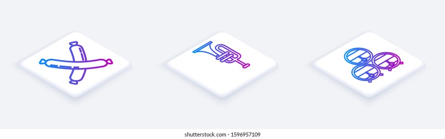 Set Isometric line Crossed sausage, Musical instrument trumpet and Wooden barrel on rack with stopcock. White square button. Vector