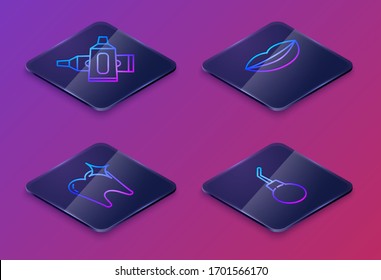 Set Isometric line Crossed tube of toothpaste, Tooth whitening concept, Smiling lips and Enema pear. Blue square button. Vector