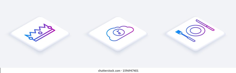 Set Isometric line Crown , Music streaming service  and Plate, fork and knife . White square button. Vector