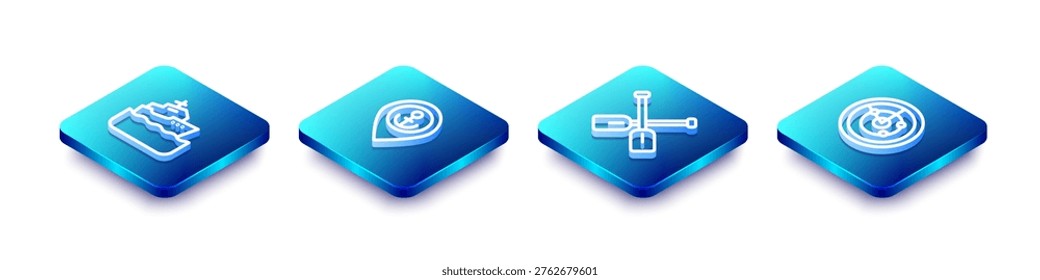 Set Isometric line Cruise ship, Location with anchor, Paddle and Radar targets icon. Vector