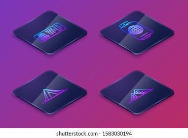 Set Isometric line Cruise ticket for traveling by ship, Tourist tent, Passport with ticket and Egypt pyramids. Blue square button. Vector