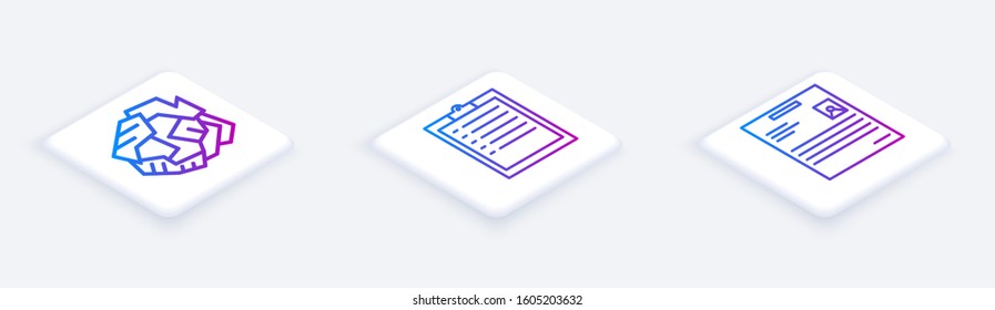 Set Isometric line Crumpled paper ball, Clipboard with checklist and Personal document. White square button. Vector