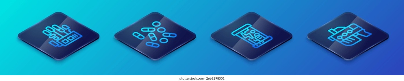Conjunto de cápsulas criogénicas de línea isométrica, mano de robot mecánico, arma futurista e icono de biohacking de píldoras médicas. Vector