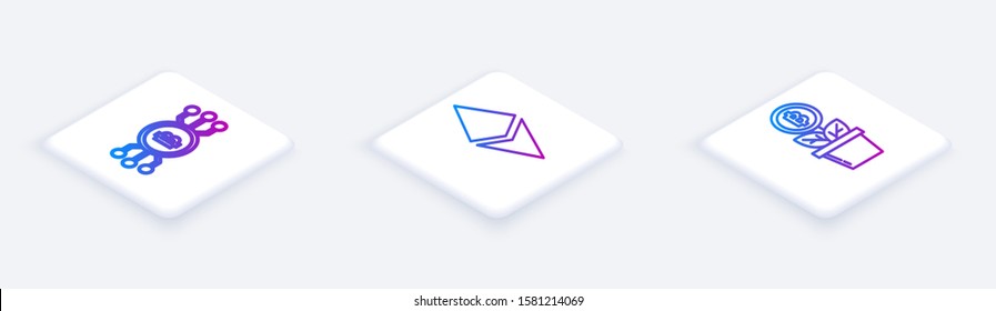 Set Isometric line Cryptocurrency bitcoin in circle with microchip circuit, Cryptocurrency coin Ethereum ETH and Bitcoin plant in the pot. White square button. Vector