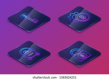 Set Isometric line Cryptocurrency Bitcoin key, Shopping basket with bitcoin, Cryptocurrency coin Bitcoin and Lock with bitcoin. Blue square button. Vector