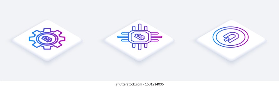 Set Isometric line Cryptocurrency coin Bitcoin, CPU mining farm and Cryptocurrency coin Dash. White square button. Vector