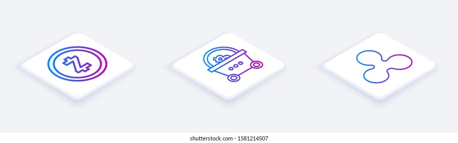 Set Isometric line Cryptocurrency coin Zcash ZEC, Shopping basket with bitcoin and Cryptocurrency coin Ripple XRP. White square button. Vector