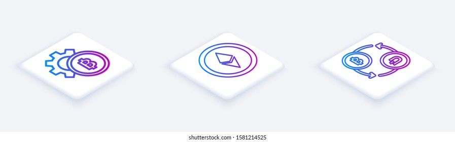 Set Isometric line Cryptocurrency coin Bitcoin, Cryptocurrency coin Ethereum ETH and Cryptocurrency exchange. White square button. Vector