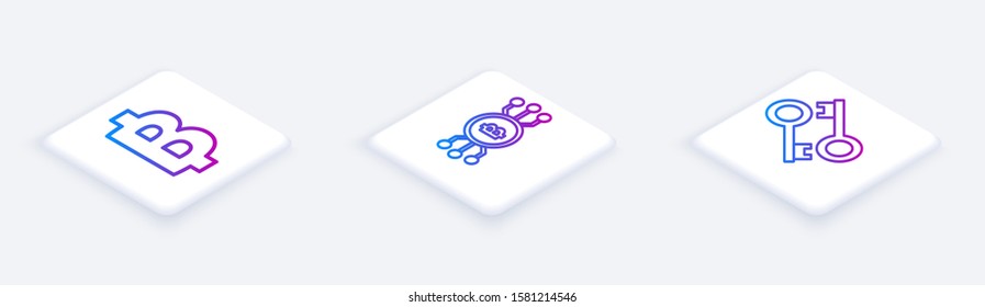 Set Isometric line Cryptocurrency coin Bitcoin, Cryptocurrency bitcoin in circle with microchip circuit and Cryptocurrency key. White square button. Vector