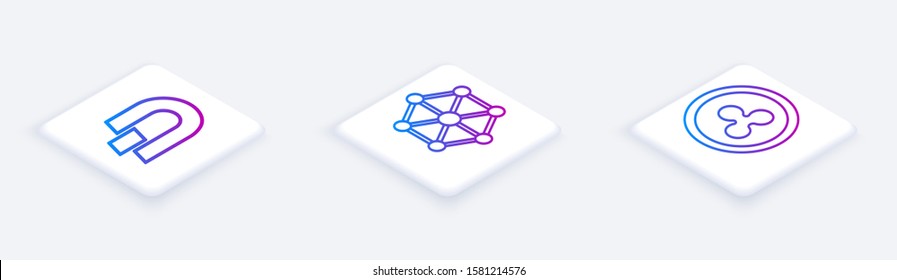 Set Isometric line Cryptocurrency coin Dash, Blockchain technology and Cryptocurrency coin Ripple XRP. White square button. Vector