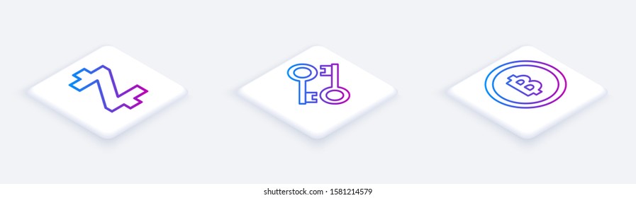 Set Isometric line Cryptocurrency coin Zcash ZEC, Cryptocurrency key and Cryptocurrency coin Bitcoin. White square button. Vector