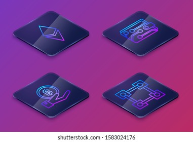 Set Isometric line Cryptocurrency coin Ethereum ETH, Hand holding Bitcoin, Cryptocurrency wallet and Blockchain technology. Blue square button. Vector