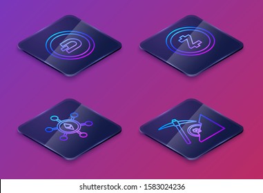 Set Isometric line Cryptocurrency coin Dash, Blockchain technology Ethereum ETH, Cryptocurrency coin Zcash ZEC and Cryptocurrency cloud mining. Blue square button. Vector