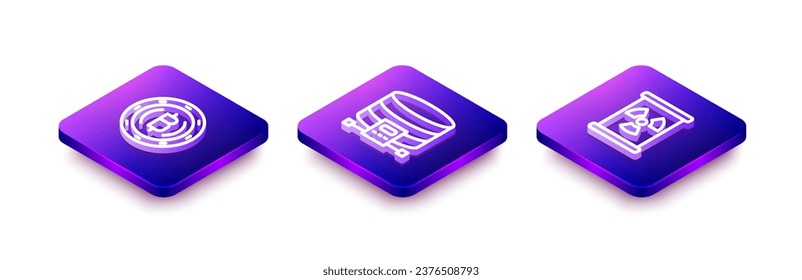 Establecer línea isométrica Cryptocurrency coin Bitcoin, base de datos en la nube e icono de barril de desechos radiactivos. Vector