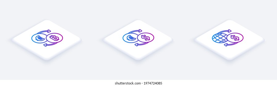 Set Isometric line Cryptocurrency exchange, Money and . White square button. Vector