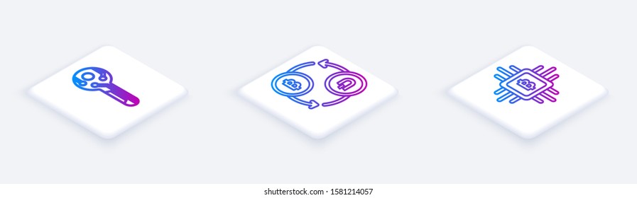 Set Isometric line Cryptocurrency key, Cryptocurrency exchange and CPU mining farm. White square button. Vector