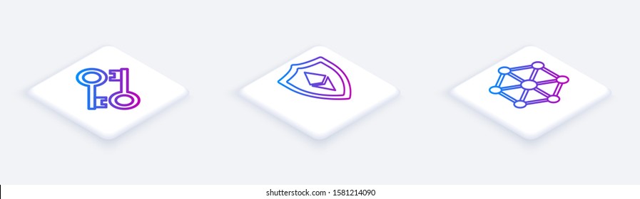 Set Isometric line Cryptocurrency key, Shield Ethereum ETH and Blockchain technology. White square button. Vector