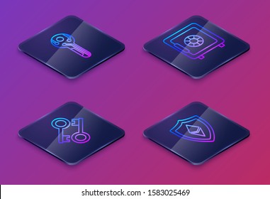 Set Isometric line Cryptocurrency key, Cryptocurrency key, Safe and Shield Ethereum ETH. Blue square button. Vector