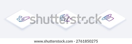 Set Isometric line Cube levitating above hand, Magic fog or smoke and Magician hat. White square button. Vector